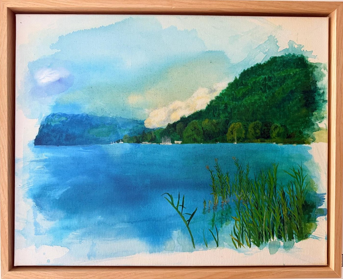 A lake, a view – Acrylbild von Katja Schmalzl, Blick über den Ossiacher See mit Schilf